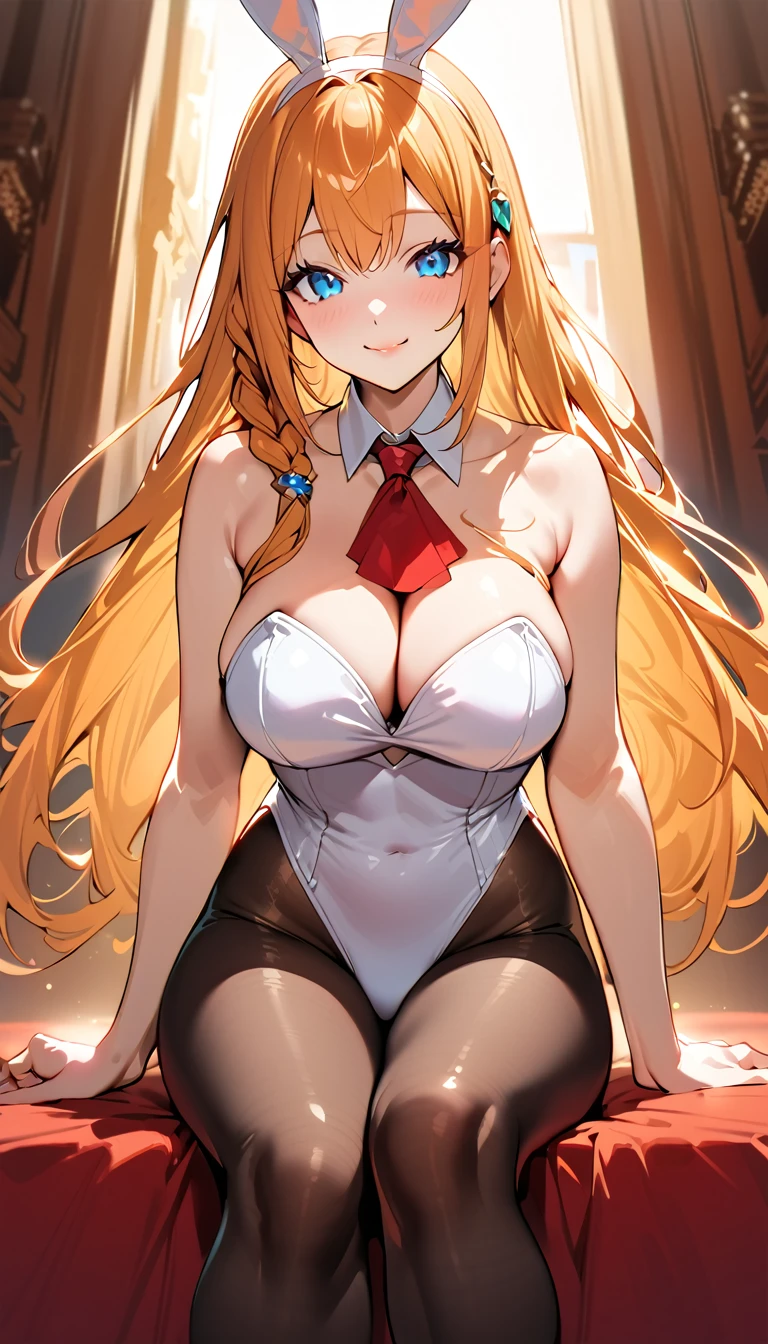(best quality), (very aesthetic), (ultra-detailed), (best illustration), 1 girl, Solo, (Pecorine1.5), fine texture, (large breasts1.2), orange hair, Bright blue eyes, White playboy bunny, black pantyhose, casino viproom, sitting, smile