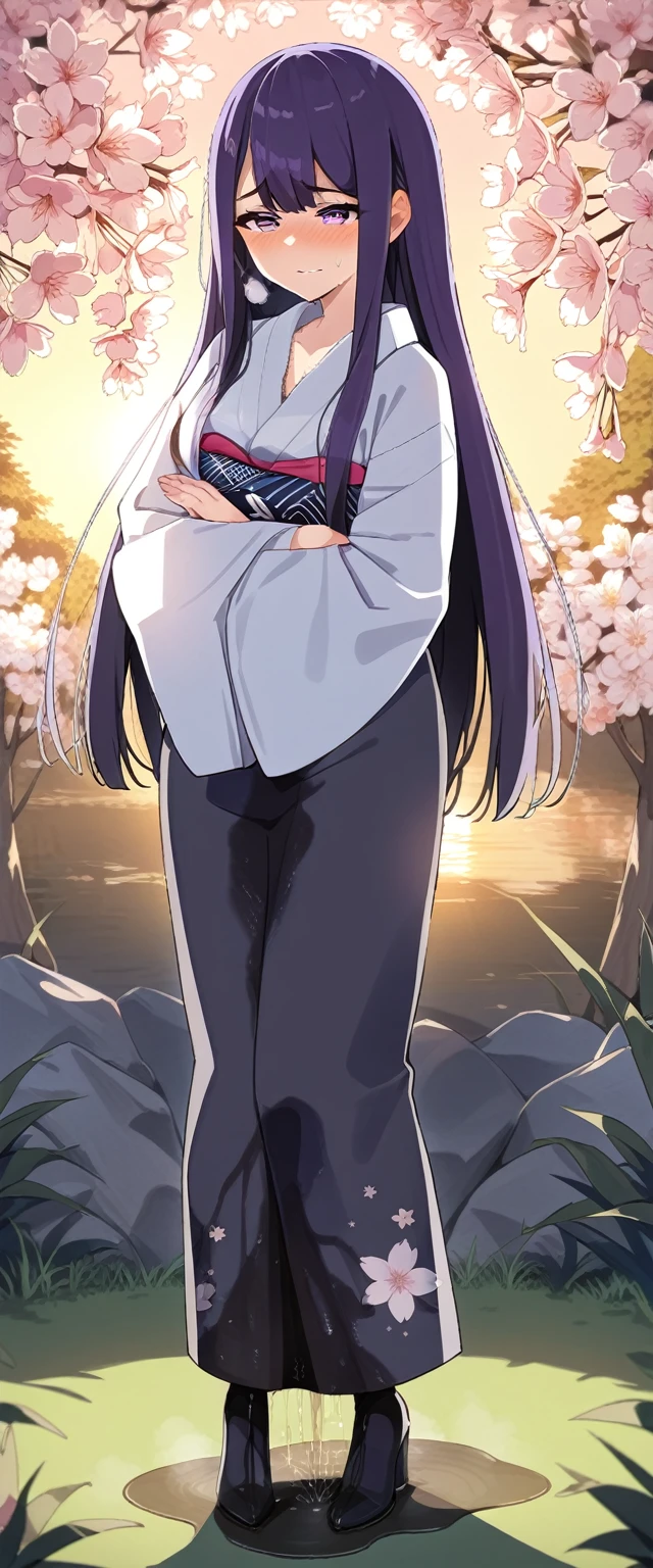 (masterpiece:1.37), best quality, (extremely detailed:1.37), (1girl:1.5), woman, (mature:1.5), (adult:1.5), large breasts, very long hair, (straight hair:1.5), (very dark purple hair:1.5), purple eyes, (extremely detailed eyes:1.37), (furisode:2.0), desperation, (wetting self:1.5), standing, (crossed arms:1.5), embarrassed, humiliation, blushing, angry, cherry blossoms, garden, (golden hour:1.5), full body