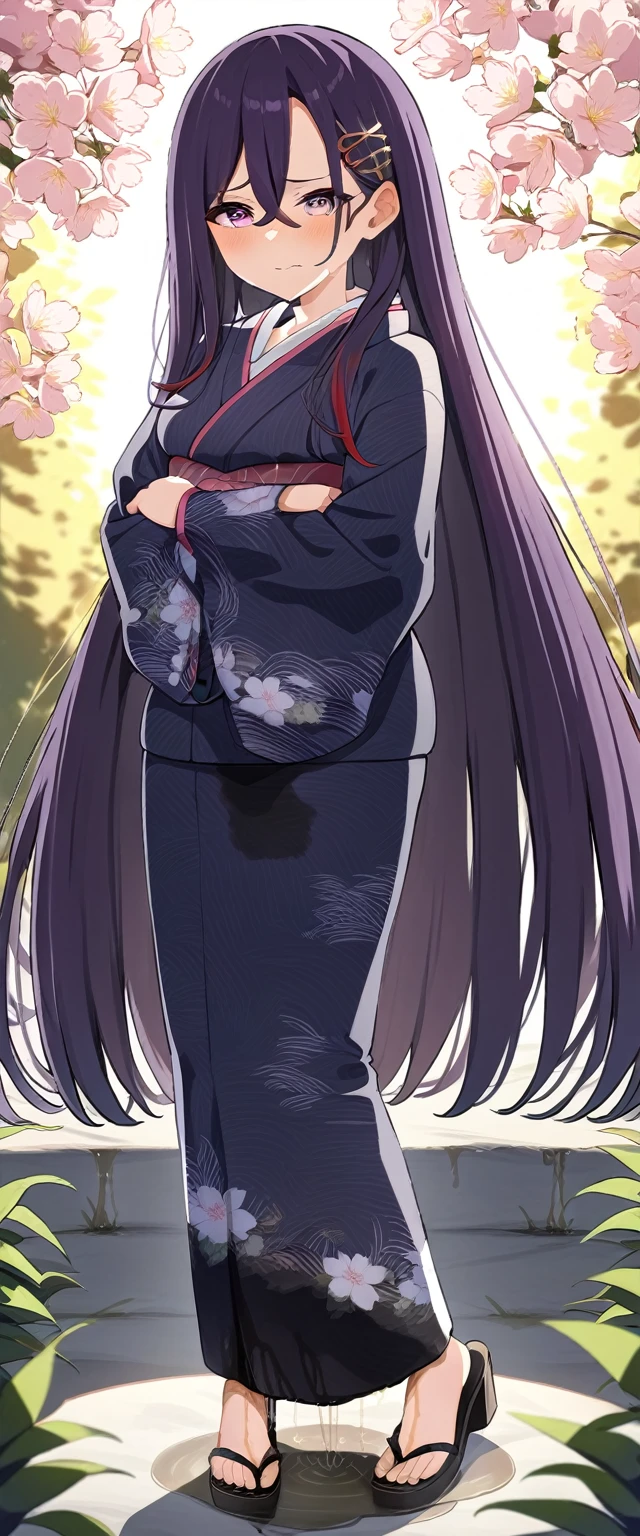 (masterpiece:1.37), best quality, (extremely detailed:1.37), (1girl:1.5), woman, (mature:1.5), (adult:1.5), large breasts, very long hair, (straight hair:1.5), (very dark purple hair:1.5), purple eyes, (extremely detailed eyes:1.37), (furisode:2.0), desperation, (wetting self:1.5), standing, embarrassed, humiliation, blushing, angry, cherry blossoms, garden, (golden hour:1.5), full body