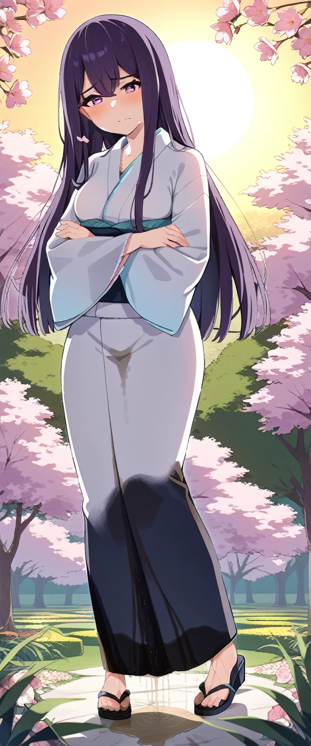(masterpiece:1.37), best quality, (extremely detailed:1.37), (1girl:1.5), woman, (mature:1.5), (adult:1.5), large breasts, very long hair, (straight hair:1.5), (very dark purple hair:1.5), purple eyes, (extremely detailed eyes:1.37), (furisode:2.0), desperation, (wetting self:1.5), standing, (crossed arms:1.5), embarrassed, humiliation, blushing, angry, cherry blossoms, garden, (golden hour:1.5), full body