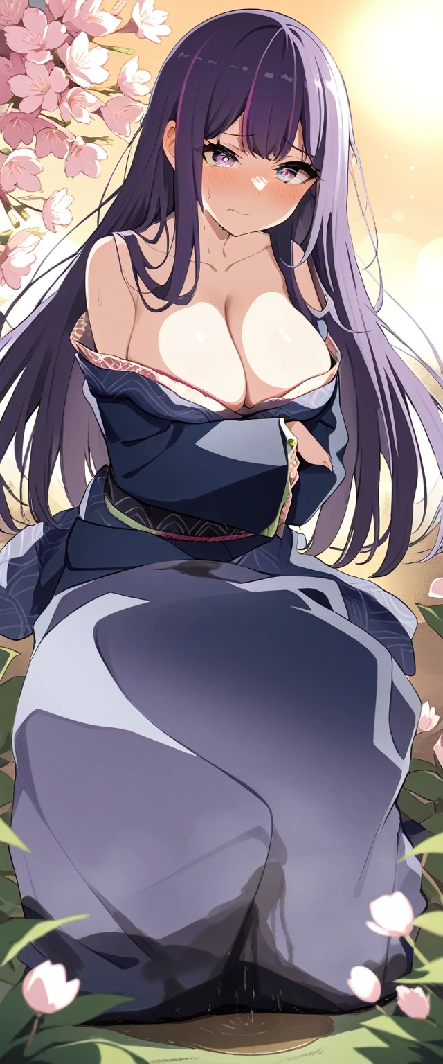 (masterpiece:1.37), best quality, (extremely detailed:1.37), (1girl:1.5), woman, (mature:1.5), (adult:1.5), large breasts, very long hair, (straight hair:1.5), (very dark purple hair:1.5), purple eyes, (extremely detailed eyes:1.37), (furisode:2.0), desperation, (wetting self:1.5), standing, (crossed arms:1.5), embarrassed, humiliation, blushing, angry, cherry blossoms, garden, (golden hour:1.5), full body