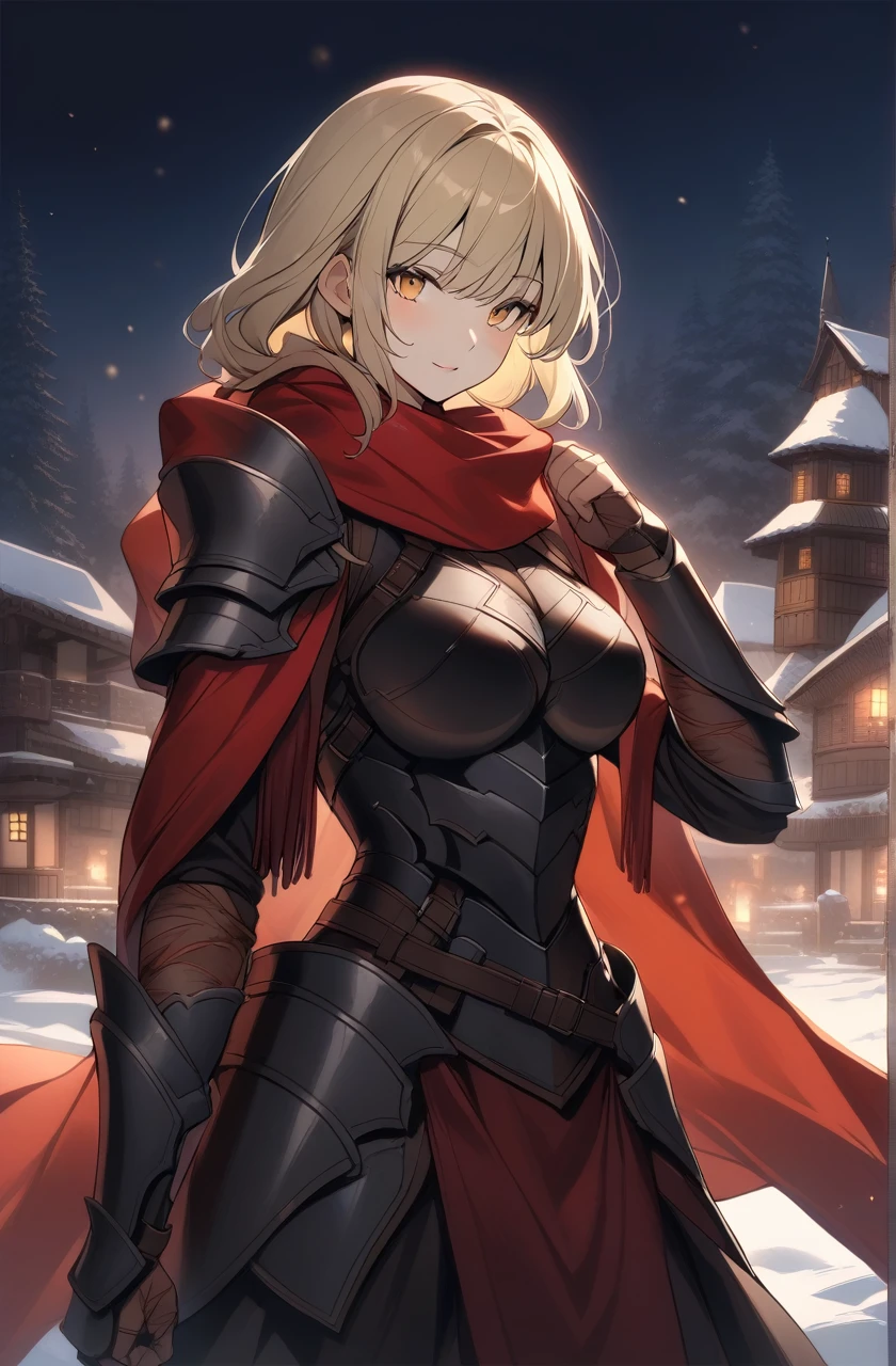 Older woman with strong build, small scars on body, short light blonde hair, yellow eyes, dark leather covering armor, large red scarf, looking at camera, large dark red shawl, fantasy clothing, fantasy winter setting, shoulder up, outside, dark night twilight