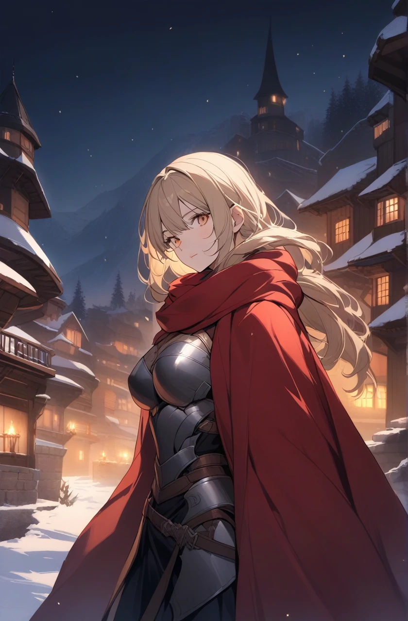 Older woman with strong build, small scars on body, short light blonde hair, yellow eyes, dark leather covering armor, large red scarf, looking at camera, large dark red shawl, fantasy clothing, fantasy winter setting, shoulder up, outside, dark night twilight