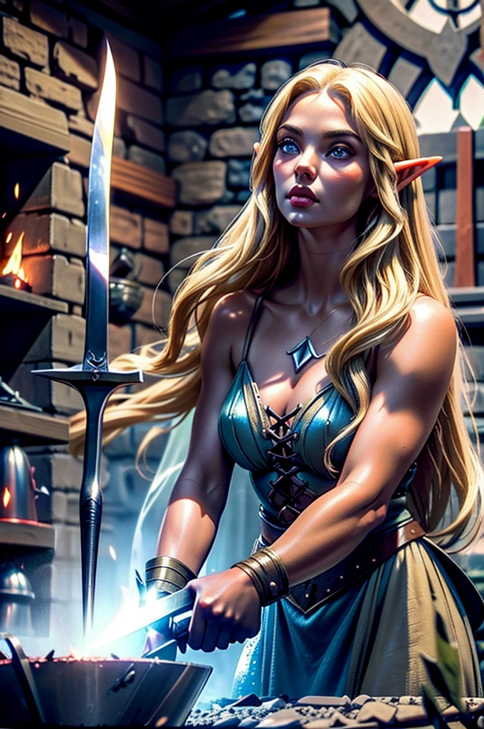 A dark blonde elven woman working at a forge, striking a sword at an anvil. A dark blonde elven woman blacksmith working at her forge, delicate defined elven features
