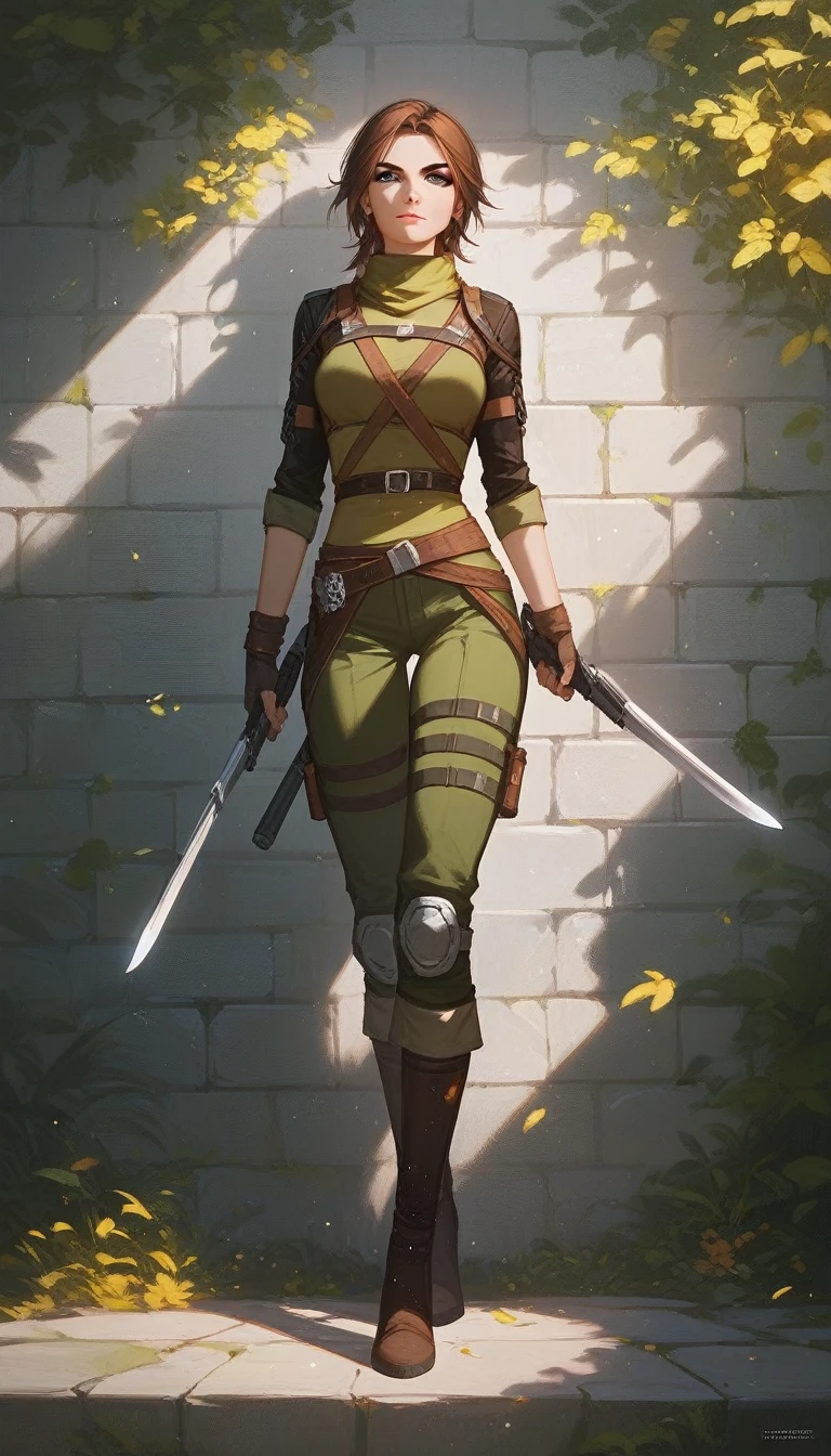 (Fraction_9,Fraction_8_Direction_7_up),1 a woman,（（（Full body portrait）））, A beautiful assassin，Cornices walk the wall，Rogue，Assassin&#39;s Creed，Show your thighs，Green Hair，Eye，There is a flying knife on the waist，Dagger in hand，Masked，Black veil，Sharp eyes，Norse mythology costumes，No background，