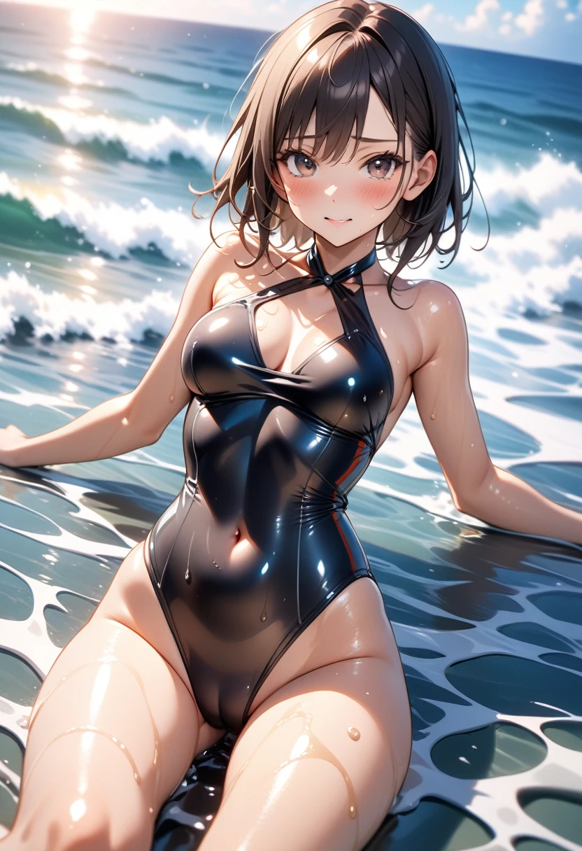 ((Lying on a rubber boat floating on the sea)), ((halterneck one-piece swimsuit)), ((The swimsuit glows fluorescent orange.)), skindentation, skinny, solo, 1 woman, Masterpiece, highest quality, highest quality, 16K, incredibly absurd, highly detailed, 2.5D, ai-generated, delicate and dynamic, very delicate facial expressions, delicate eye depiction, erotic, only sexy woman, ((A cute and kind face)), healthy figure, 25-year-old woman, bride, 160cm tall, medium firm swaying bust, (dark hair), black eye, blush, Sweat,Embarrassed,sexy, ((thin thighs)), (Erect nipples:0.6), ((shiny and lustrous)), facing straight at viewer, ((brown black skin)), ((Oily_skin)), sweaty skin, wet skin, (suntan), dutch angle, sexy pose, Dynamic poses, ((Summer Sea)), Strong sunlight, ((Lying)), Navel, ((On the open sea)),