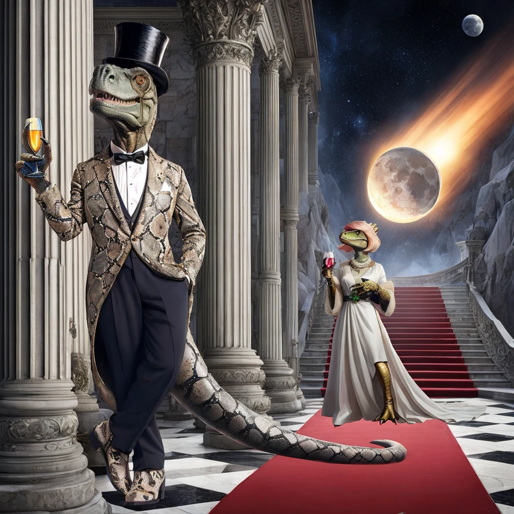 a male dinosaur standing in front of marble pillars, holding a glass of champagne. female dinosaur in background wearing fancy dress an fur, holding a glass of wine. burning meteor falling in the distance