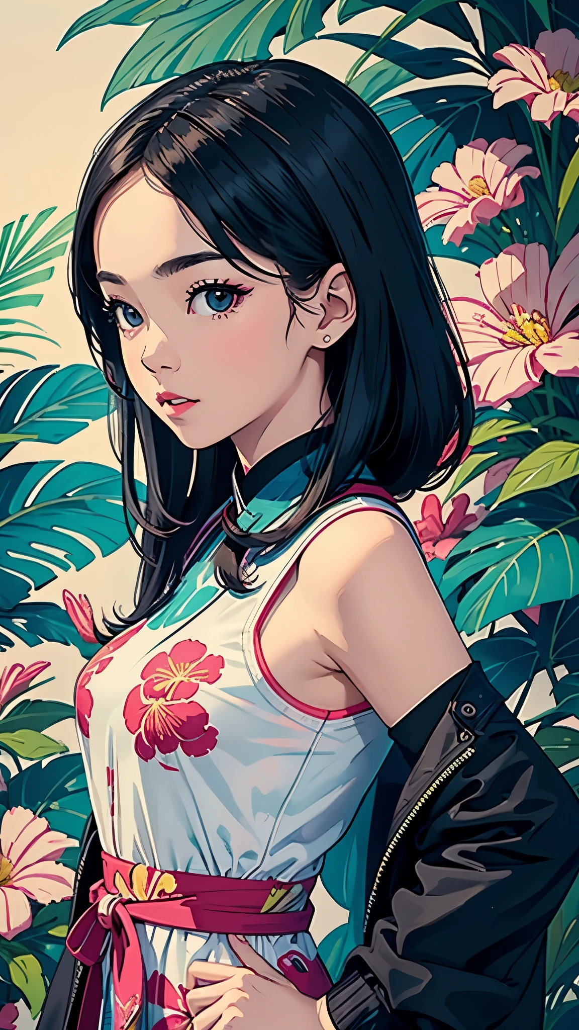 a woman in a white and gold cheongsam, sitting on a rock, elegant full body, makeup, mole, multicolored hair, black hair, look at viewer, Oval face, fine face, Fine eyes, Blue eyes, Detail eyes, Double eyelids, happy, smiling  (Pearl earrings:1.2), Highly Detailed Skin Texture, Golden ratio, gorgeous Chinese model, beautiful oriental woman, beautiful goddess, beautiful Asian girl, royal elegant pose, gorgeous lady, classy, (Flower background:1.4), (Colorful:1.1) highest details, HDR, the appearance of the hourglass
