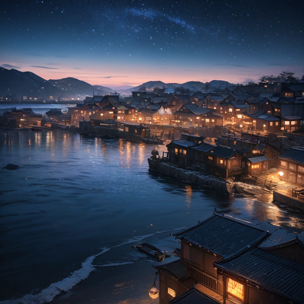 (((masterpiece))), Starry sky photography, Small concrete port , Japanese fishing port at night,The contrast between cold and warm is strong, Matt, Tranquil atmosphere, Calm sea, detailed, highly detailed, (8K)