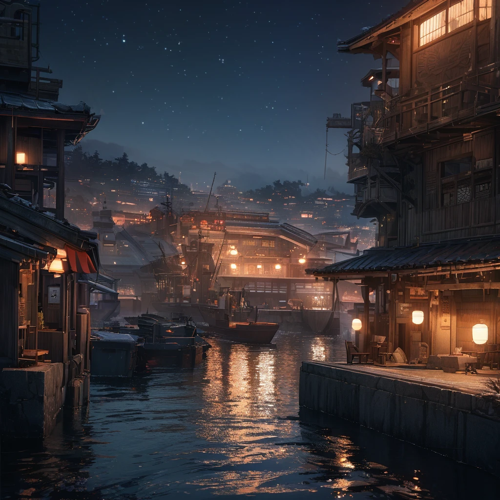 (((masterpiece))), Starry sky photography, Small concrete port , Japanese fishing port at night,The contrast between cold and warm is strong, Matt, Tranquil atmosphere, Calm sea, detailed, highly detailed, (8K)