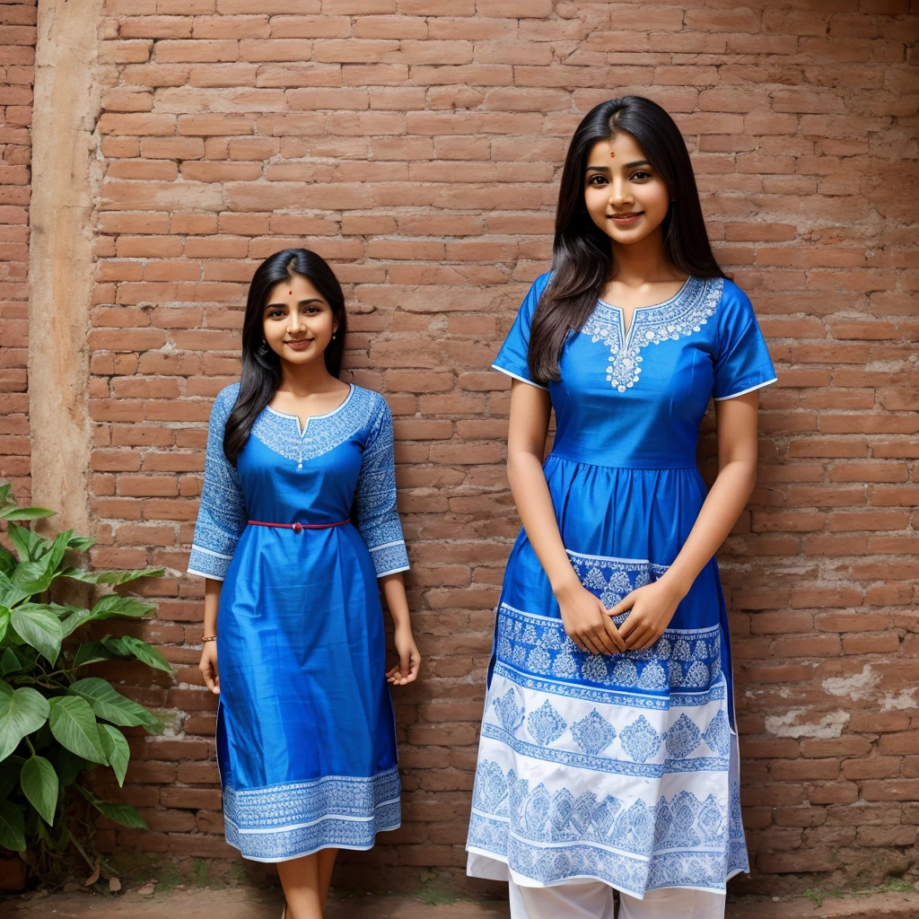 a woman in a blue and white dress standing in front of a red brick wall, Lizzy Ansingh, wearing a kurta, wearing a silk kurta, indian style, young and cute girl, cute woman, with lovely look, wearing intricate, at college, madhubani, wearing an elegant tribal outfit, assamese aesthetic, wearing bihu dress mekhela sador, 19-year-old girl, smiling :: attractive, in sunny weather, cute girl, indian, myself, by Rajesh Soni