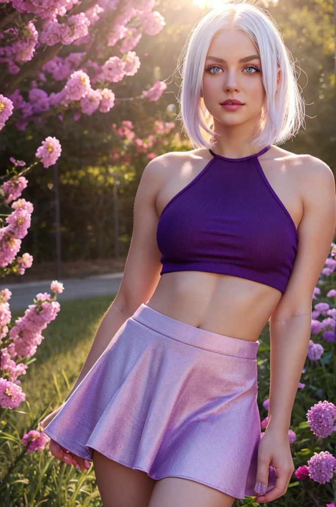 realistic, 1girl, white hair, purple eyes, glowing eyes, crop top, skirt, parted lips, blush, night, flowers, sun, sunlight,