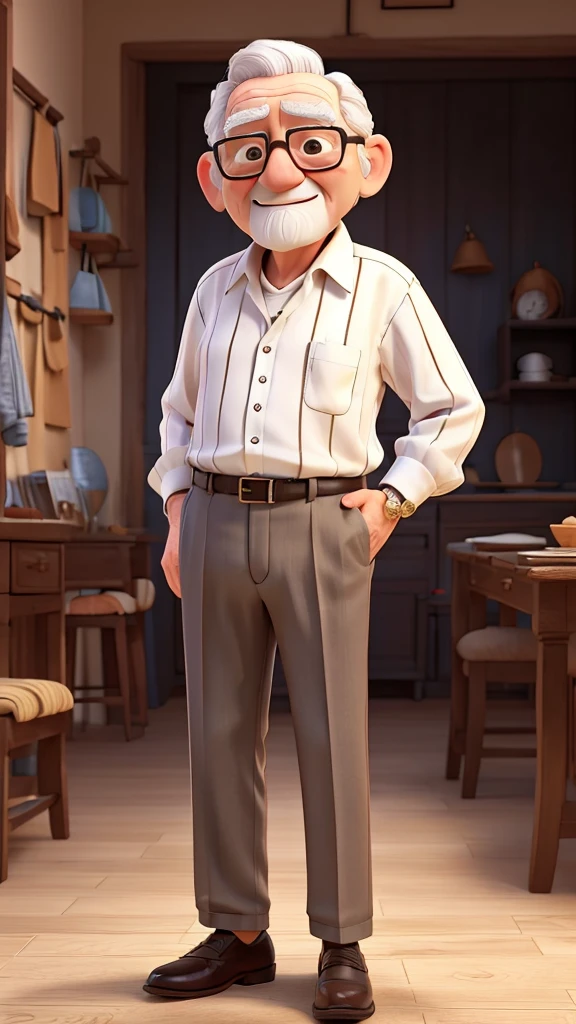 Old man in a white striped blouse and black pants