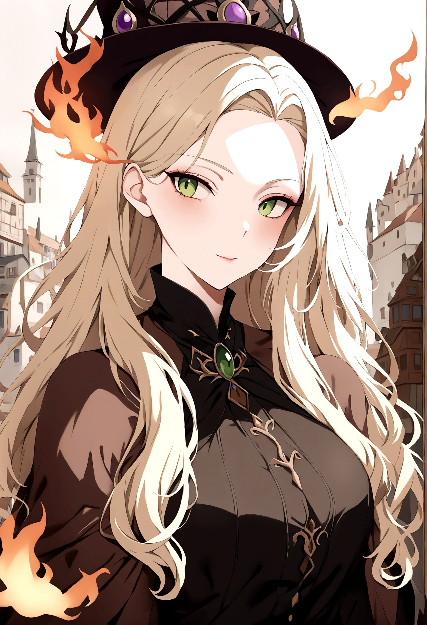 Masterpiece, Best Quality, (beautiful face: 1.1), (realist: 1.5) (blonde witch, marischa becker, 30 year old woman, fire magic: 1.3), Upper part of the body