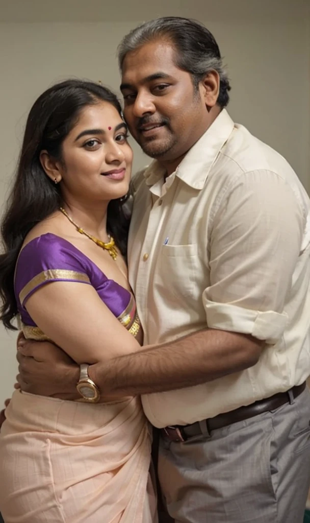 a 50-year-old shirtless man affectionately hugging and kissing aradiant, full-figured South Indian plus-sized 30 year old teacher wearing a cream silky saree in dressing room, captured in a full-body image with vibrant hues and meticulous details. Full body image