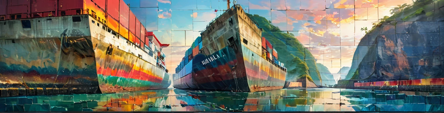 Panama Canal, paint, double exposure, (textura de paint:1.2), (Masterpiece:1.2), Best Quality, (hyperdetailed, more detailed:1.2), high resolution textures, beautiful landscape, Very detailed, very clear, (Panama Canal), vivid colors, HD, multicolor style