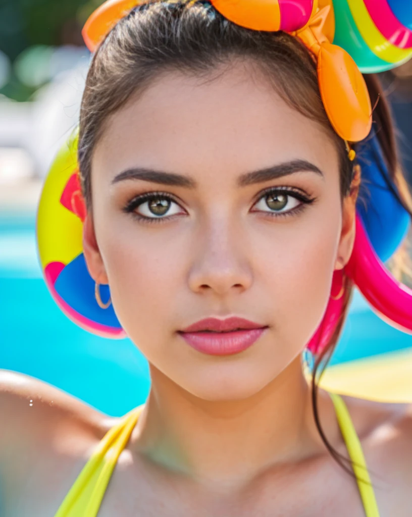 a girl in a colorful pool party, beautiful detailed eyes, beautiful detailed lips, extremely detailed face and skin, long eyelashes, wearing a colorful swimsuit, splashing water, pool, inflatable pool toys, sunny summer day, vibrant colors, (best quality,4k,8k,highres,masterpiece:1.2),ultra-detailed,(realistic,photorealistic,photo-realistic:1.37),HDR,UHD,studio lighting,ultra-fine painting,sharp focus,physically-based rendering,extreme detail description,professional,vivid colors,bokeh,photography