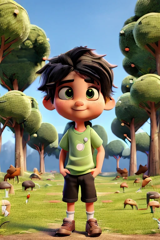 5 year old boy, looking to the side, black hair, green eyes, black t-shirt, white shorts, in the forest, talking to a bird, various poses.