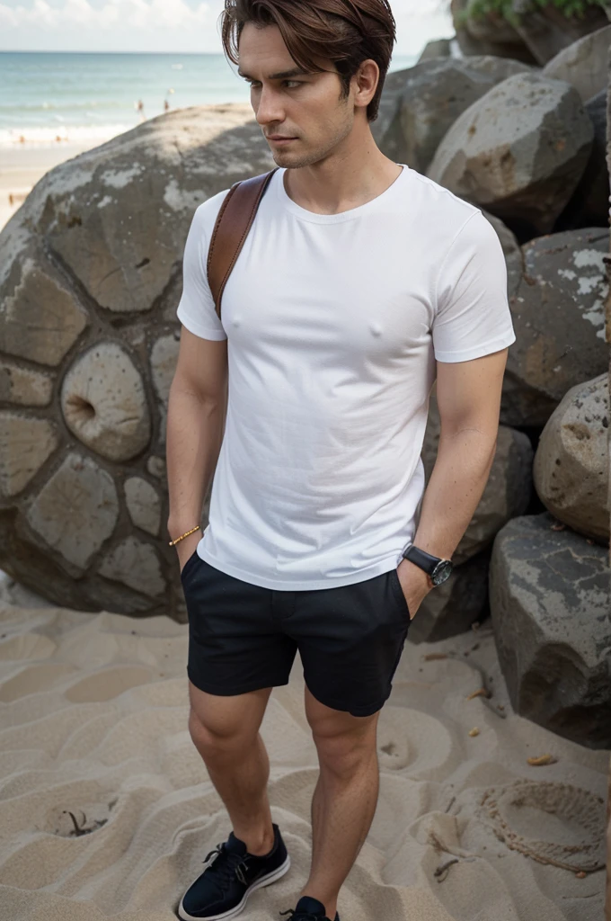 portrait of a standing man wearing a neat white shirt, striped shirt inside, not tight, with a shell symbol, neat hair, tall, handsome, slightly round face, wearing black shoes, wearing a shoulder bag, hands folded, wearing brown shorts, view beach, wearing a watch.