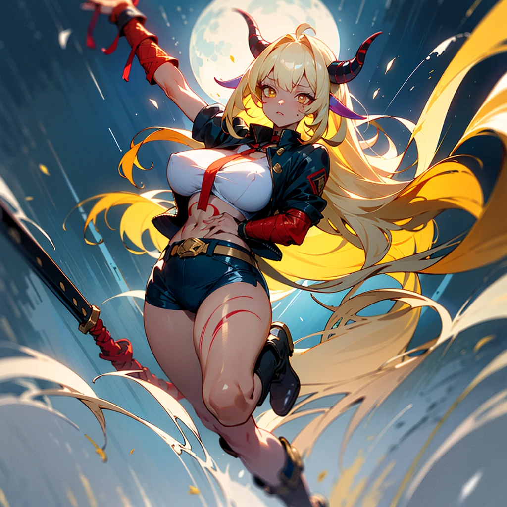 ((best quality)), ((masterpiece)), (detailed), 1girl, 8k_wallpaper, extremely detailed eyes, extremely detailed body, (large masterpiece digital art), ((perfect anatomy huge chest)), (intricate details:1.3 ), (ultra-detailed:1.3), (sharp focus:1.3), (natural lighting:1.05), (vivid colors:1.3), (best quality:1.4), high quality, expressive eyes, full body, tall girl, detailed face, beautiful face, perfect face, detailed ((blonde hair)), (gold eyes), ((big red horns)), {{dark skin}}, ({dark skinned female}), gigantic breasts, thick thighs, strong arm and leg muscles, strong abdominal muscles, Monster girl, neon colors, Korean woman with tattoos, (large red and blue horns), ({tattoo model Yerin}), tattoo model Yoko, Tattoo master Yerin, {{female mamone with a large and long tail covered with dragon scales} }, (long tentacles growing from her back), wearing a modern short black cloth jacket with rolled up sleeves, wearing heavy gold colored steel armor, a wide red leather belt with blue steel yarn, steel boots, steel thigh guards, running under by the light of the moon through the forest with long daggers in hands against a background of blooming flowers and grass with tall trees,