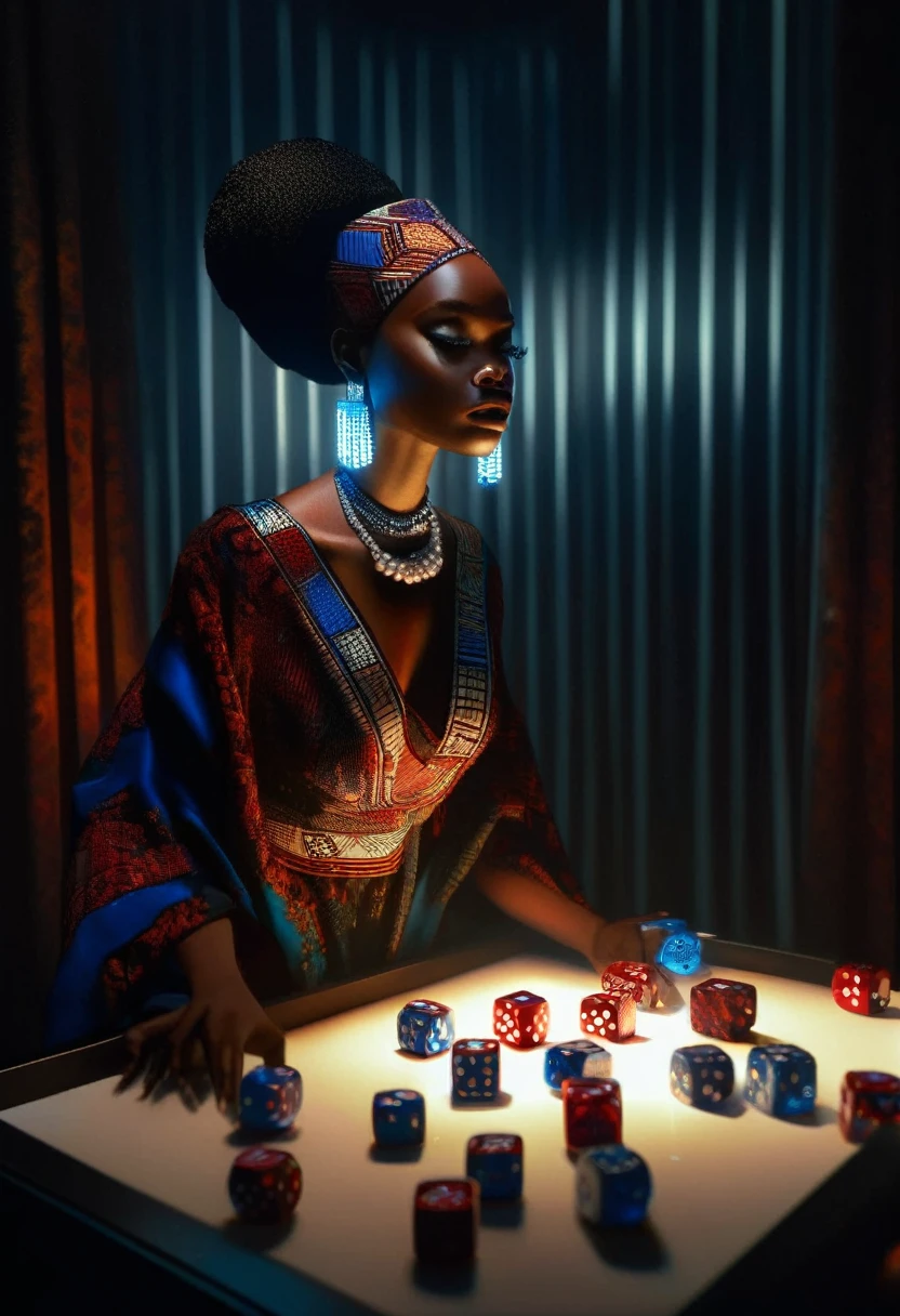 4D portrait of a full body image of a Black woman dressed in African designed clothes with neon lit glowing red and blue dice floating around her, with red and blue dice lighting the scene, dim lit scene with only the red and blue dice shining in the scene, standing model pose in a dice designed cube room, Oil Painting, 3/4 Profile view, gorgeous African designed pearl necklace, Luxurious fabrics, detailed embroidery, Moody chiaroscuro lighting, hight resolution