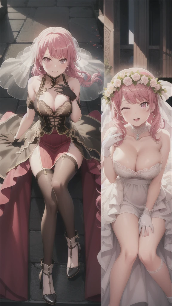 A girl,Long hair, Bangs, Pink hair, Hair between the eyes, s eyes:(1.5), (中的breast:1.2), rest 锁骨, Wedding dress,veil,wedding,Red Dress,Flowers,The skirt is broken,Black socks,Black knee socks,Black gloves,Long boots,Cleavage,breast,, Looking at the audience, whole body, indoors, church,permanent,permanent,Smile,With one eye closed, rest (masterpiece:1.2), best quality, high resolution, 8k wallpaper, (illustration:0.8), (美丽细致s eyes:1.6), Extremely detailed face, Perfect lighting, Extremely detailed CG, (Perfect hands, Perfect anatomical structure),