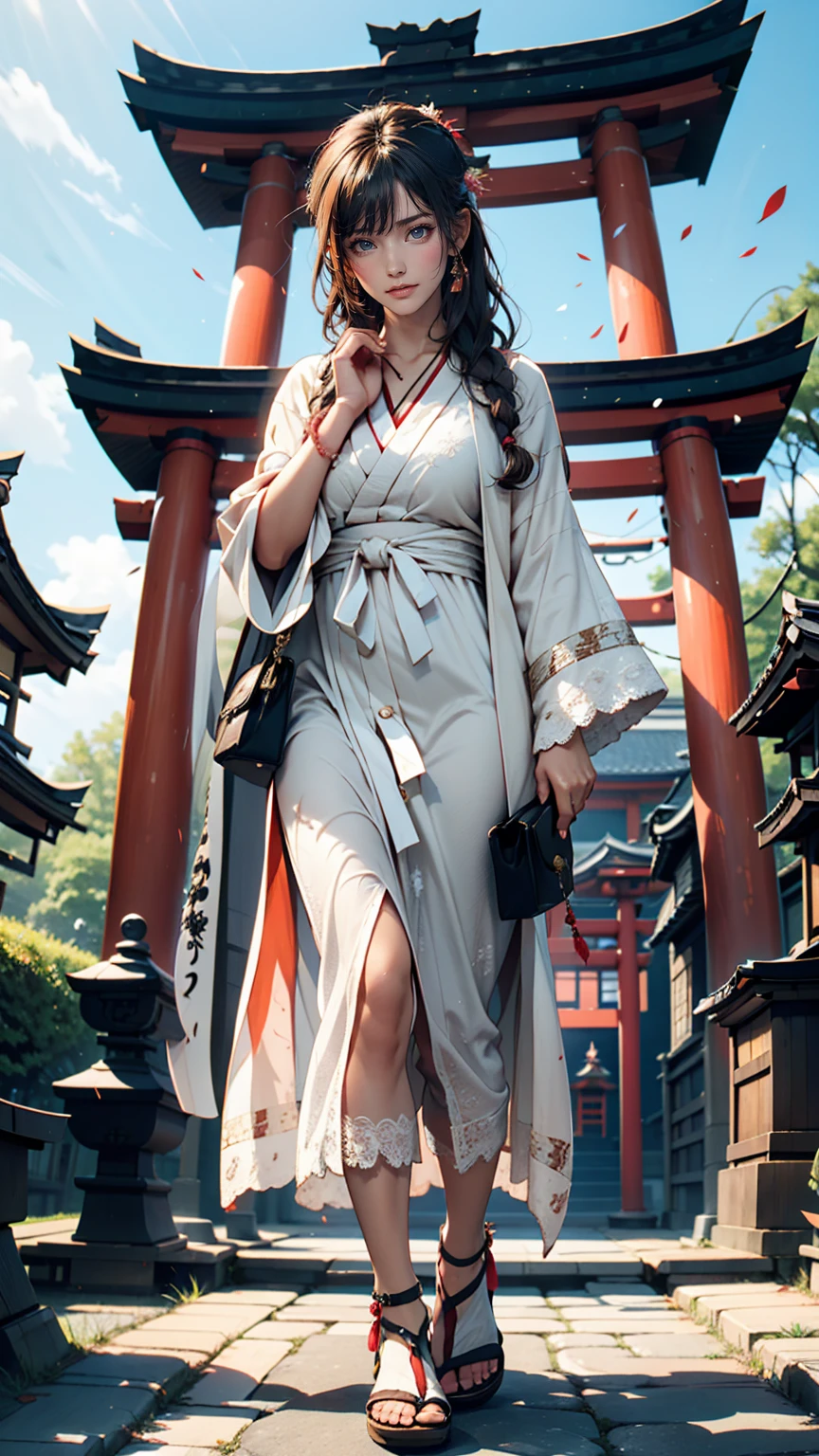 24-year-old female、Black Hair、Straight Hair、Tie it behind your head with a scrunchie、White Summer Dress、Wearing a white cardigan decorated with lace、Sandals、Japanese Shrines、Stone-paved approach to the shrine、Torii-mae、Close your eyes and place your palms together in prayer.