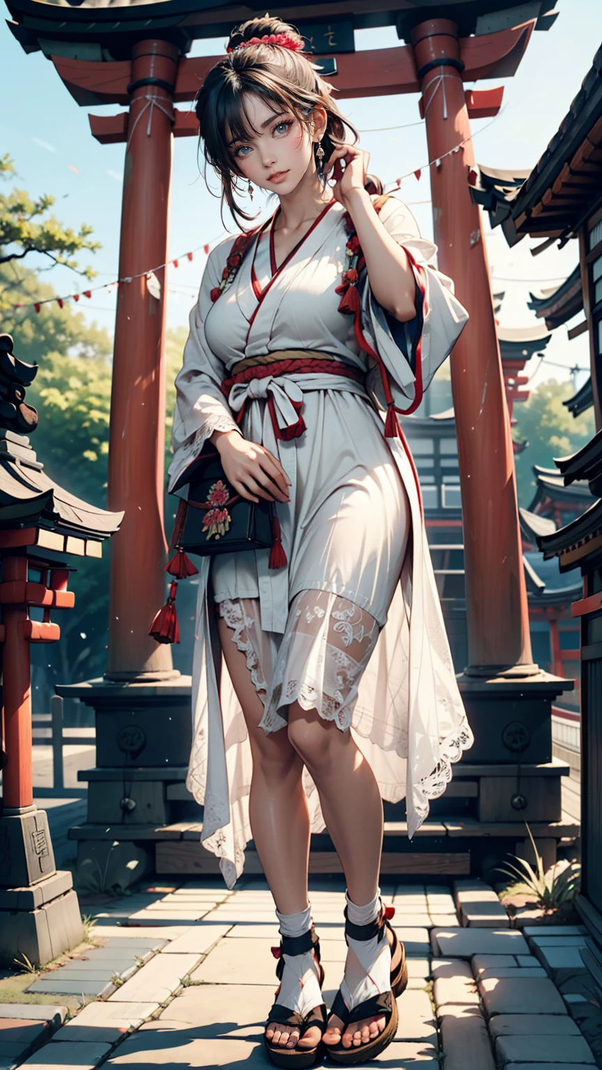 24-year-old female、Black Hair、Straight Hair、Tie it behind your head with a scrunchie、White Summer Dress、Wearing a white cardigan decorated with lace、Sandals、Japanese Shrines、Stone-paved approach to the shrine、Torii-mae、Close your eyes and place your palms together in prayer.