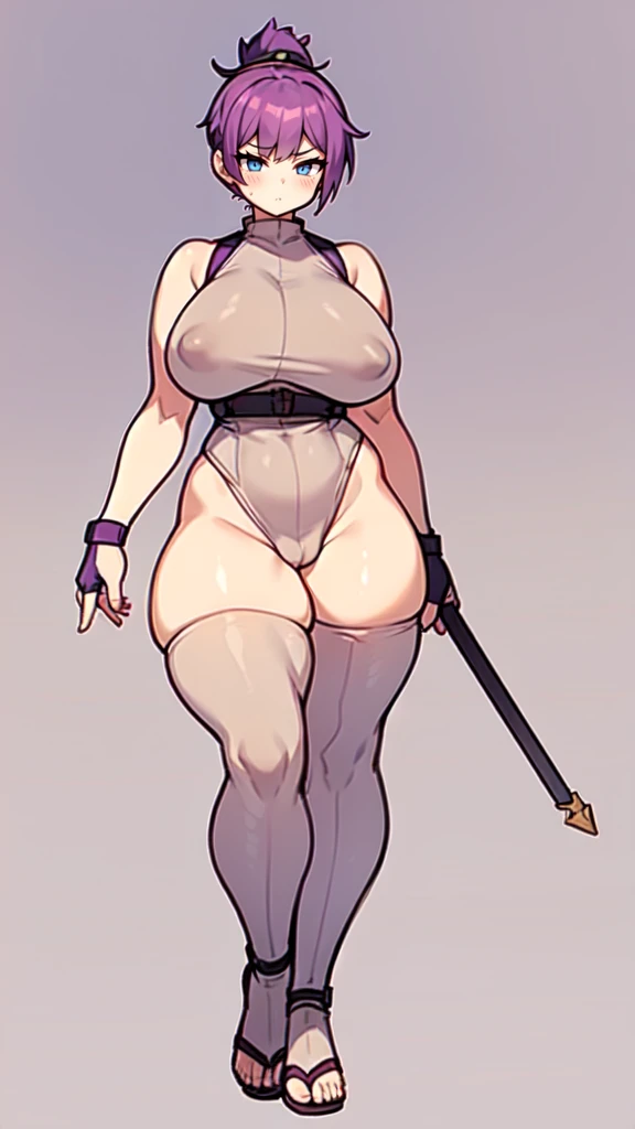 (masterpiece), best quality, female warrior, huge girl, female muscular:1.2, (curvy:1.7), (((blank background))), ((full body)), fingerless gloves, sandals, sleeveless, covered nipples, ((buzzcut hairstyle)), purple hair, hair over eyes, ((very big legs:1.4)), ((camel toe))