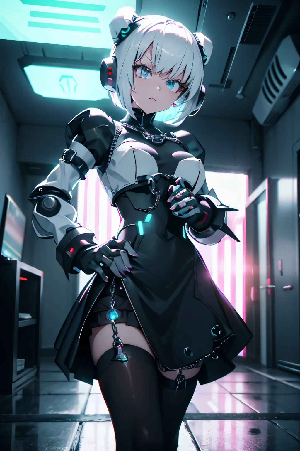 Android Girl,white hair,short and messy hair, purple neon eyes, Holding a chain whip,chains on the hands,chains action, chains around her arm, very cute, skirt, white blouse, cyberpunk style, eletronic gloves, mecanic parts, eletronic details,living room background.HD lighting and dark )(epic image quality) dark atmosphere with bright particle light(many effects in background), dinamic shot, robot, neon tweaks, cyberpunk theme