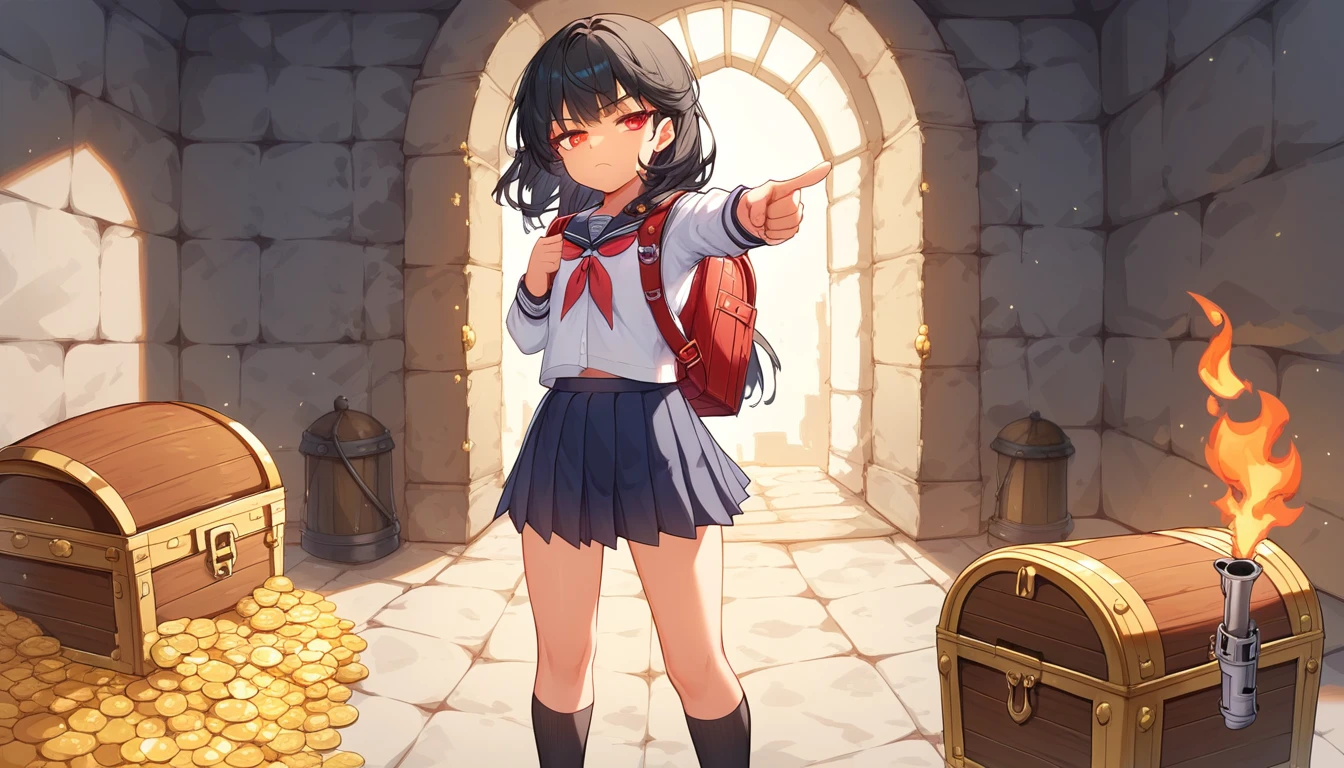 ((1girls:1.3)), ((solo:1.3)), ((school uniform:1.3)), ((dungeon:1.3)), ((revolver:1.3)), ((pointing gun:1.3)), ((gunfire:1.3)), ((shooting stance:1.3)), ((backpack:1.3)), ((moe style:1.3)), ((standing:1.3)), ((red eyes:1.3)), ((treasure chest:1.3)), ((armory:1.3)), ((small girl:1.3)), ((flat chest:1.3)), ((bored look:1.3)), ((black hair:1.3)), ((perfect face)), ((extremely cute:1.3)), ((masterpiece:1.3)), ((8k)), ((best quality:1.3)), ((beautiful)), ((extremely detailed:1.3)) , ((absurdres)), AddXL, ((score_9:1.3)), ((score_8_up:1.3)), ((score_7_up:1.3)), Expressiveh