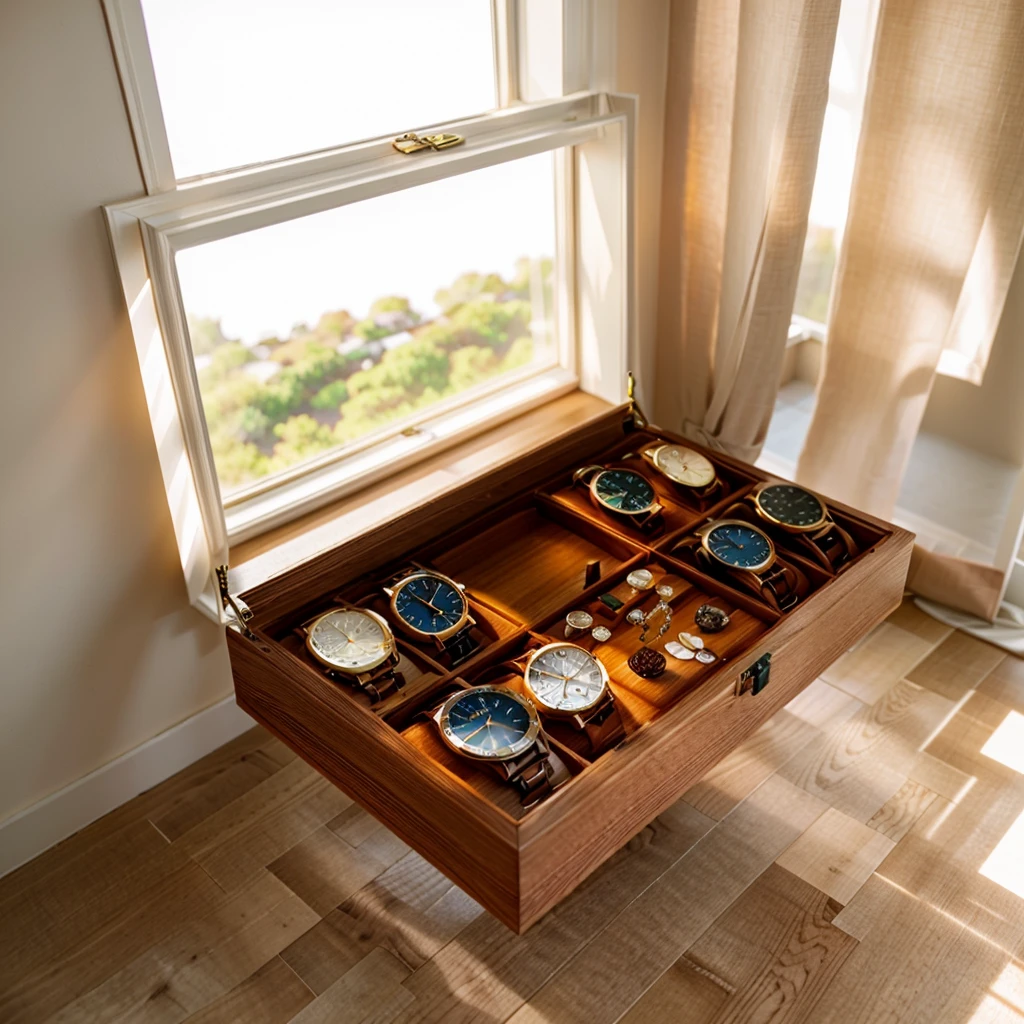 In this cozy room，A ray of sunlight shone through the half-drawn curtains on the table，Let the wood grain on the watch storage box shine with a faint luster。There was a calm and peaceful atmosphere in the air around them。There are several still lifes hanging on the walls of the room，It adds a touch of elegance to the space。And on the other side of the room，The half-open window lets in the breeze，The pages on the small desk by the window turned in the wind，This quiet scene gives a sense of tranquility and comfort。

