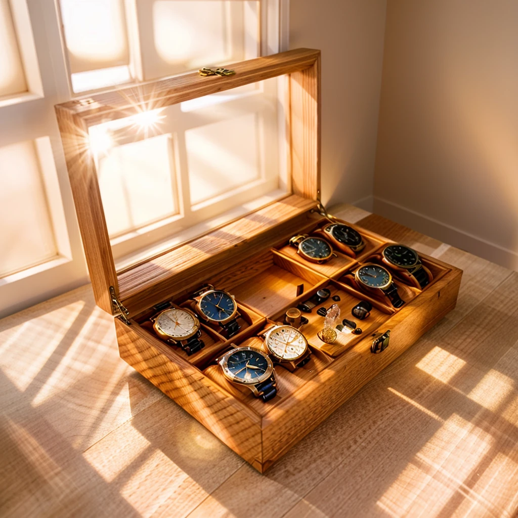 In this cozy room，A ray of sunlight shone through the half-drawn curtains on the table，Let the wood grain on the watch storage box shine with a faint luster。There was a calm and peaceful atmosphere in the air around them。There are several still lifes hanging on the walls of the room，It adds a touch of elegance to the space。And on the other side of the room，The half-open window lets in the breeze，The pages on the small desk by the window turned in the wind，This quiet scene gives a sense of tranquility and comfort。

