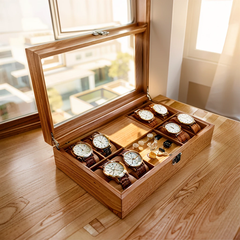 In this cozy room,A ray of sunlight shone through the half-drawn curtains on the table,Let the wood grain on the watch storage box shine with a faint luster。There was a calm and peaceful atmosphere in the air around them。There are several still lifes hanging on the walls of the room,It adds a touch of elegance to the space。And on the other side of the room,The half-open window lets in the breeze,The pages on the small desk by the window turned in the wind,This quiet scene gives a sense of tranquility and comfort。