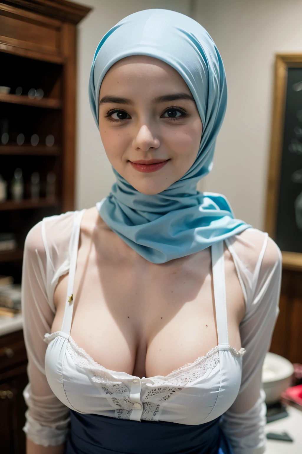 ((Hijab Stylish)), (Old Lady:1.8), Transparent transparency, ((mini apron only without t-shirt)), adorable, 1 girl, (face to face), , baby face, happy, half body portrait, (face details: 1), (eye details:1), ((big breasts)). wearing transparent transparency, .. Cute posed. proportional body. Ultra High Res. realistic: 1.4, UHD, tudung jilbab , lace