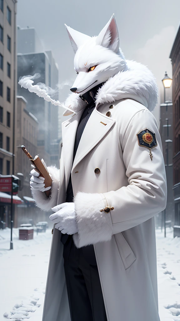 ((realisitic)), ((detailded)), illustration, perspective of the scene (urban environment), Character appearance (white fur fox head and humanoid body wearing an elegant coat,, while smoking a cigar in the middle of a snowy morning with an imposing air), Background Elements (Snow field in winter).