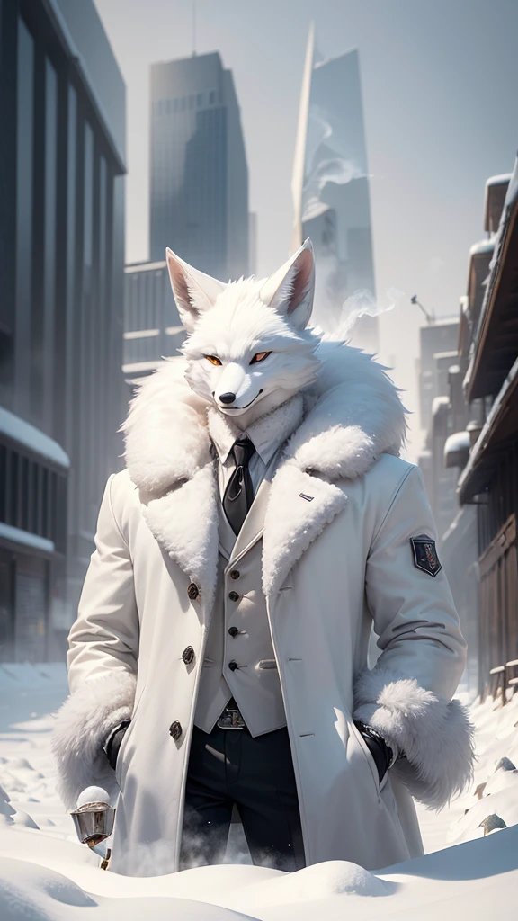 ((realisitic)), ((detailded)), illustration, perspective of the scene (urban environment), Character appearance (white fur fox head and humanoid body wearing an elegant coat,, while smoking a cigar in the middle of a snowy morning with an imposing air), Background Elements (Snow field in winter).