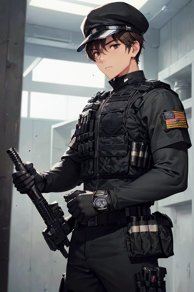 (((masterpiece; best quality: 1.2))), (finely detailed eyes: 1.3), (25 year old man), (solo), (black eyes: 1.4), (body; muscular, fit, masculine: 1.3), (short brown hair: 1.3), (beautiful and clear background: 1.2), ((depth of field)), (equipment: spec ops full black tactical combat-ready gear + tactical long-sleeve shirt+ kevlar vest + black gloves + black baseball cap + pouches: 1.3), (anime illustration: 1.2), (background composition; military base office: 1.1), (extremely fine and handsome: 1.1), (shot composition; standing + centered on torso + close-up: 1.5), (expression; calm, stoic: 1.2)