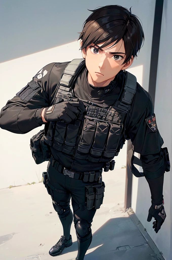 (((masterpiece; best quality: 1.2))), (finely detailed eyes: 1.3), (25 year old man), (solo), (black eyes: 1.4), (body; muscular, fit, masculine: 1.3), (short brown hair: 1.3), (beautiful and clear background: 1.2), ((depth of field)), (equipment: spec ops full black tactical combat-ready gear + tactical long-sleeve shirt+ kevlar vest + black gloves + black baseball cap + pouches: 1.3), (anime illustration: 1.2), (background composition; military base office: 1.1), (extremely fine and handsome: 1.1), (shot composition; standing + centered on torso + close-up: 1.5), (expression; calm, stoic: 1.2)