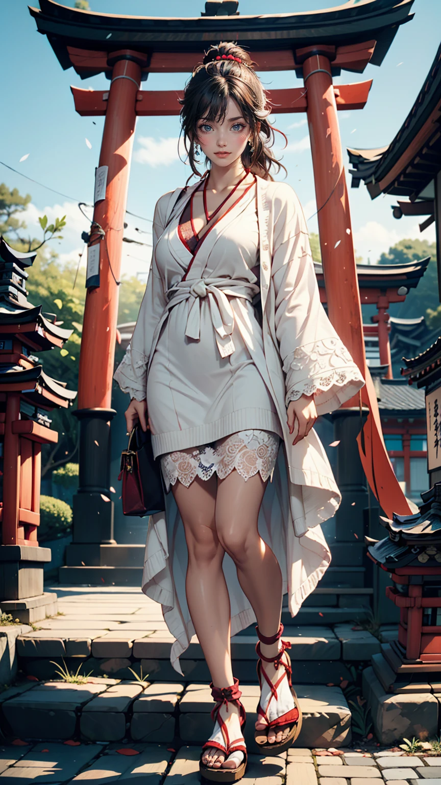 24-year-old female、Black Hair、Straight Hair、Tie it behind your head with a scrunchie、White Summer Dress、Wearing a white cardigan decorated with lace、Sandals、Japanese Shrines、Stone-paved approach to the shrine、Torii-mae、Close your eyes and place your palms together in prayer.