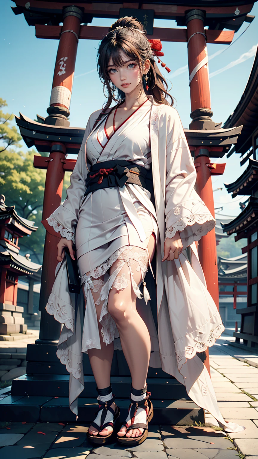 24-year-old female、Black Hair、Straight Hair、Tie it behind your head with a scrunchie、White Summer Dress、Wearing a white cardigan decorated with lace、Sandals、Japanese Shrines、Stone-paved approach to the shrine、Torii-mae、Close your eyes and place your palms together in prayer.