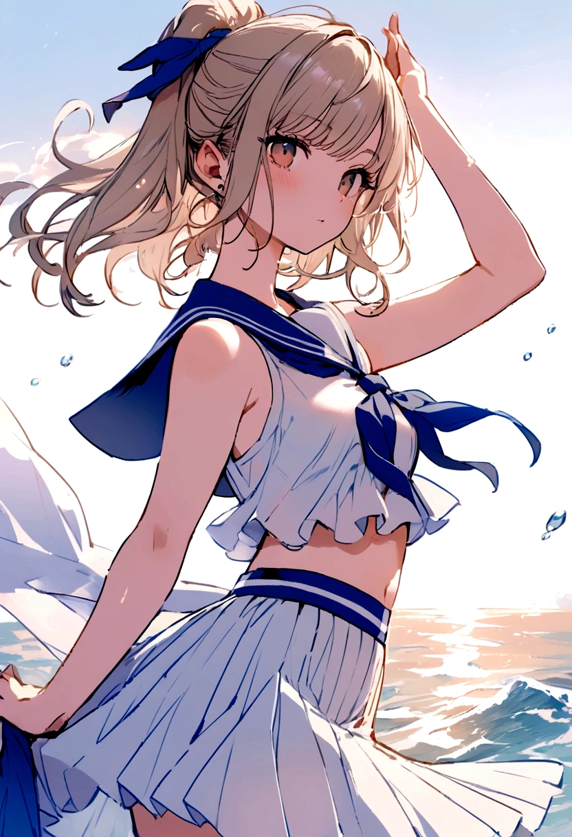 masutepiece, Best Quality,Illustration, Wallpaper, Ultra Detail, absurderes, 1girl in, Solo, (Medium short hair、short braided hair), Beautiful detailed eyes, beautiful detailed fingers,with blush cheeks,after rain , (ocean type:1.3), Night sky after rain, Hair that flutters in the wind,(a panoramic view:1.3),(Sense of depth:1.5),(longshot:1.3)、natta,(dark sky) ,(starrysky),White blouse, (shoulders can be seen:1.3), (Wet:1.2), (with thin ribbon), Short pleated skirt, (Flowing in the wind:1.3), (Light blue panties are visible:1.2), (Plaid), arms visible, clean breasts, I can see your elbow,thigh visible, buttocks visible, (Wet)