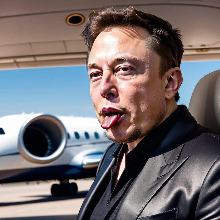 Elon Musk Billionaire with pacifier in his mouth, crying face in the background image of luxury iata, plane, glory, money, jet, rockets rising, success,