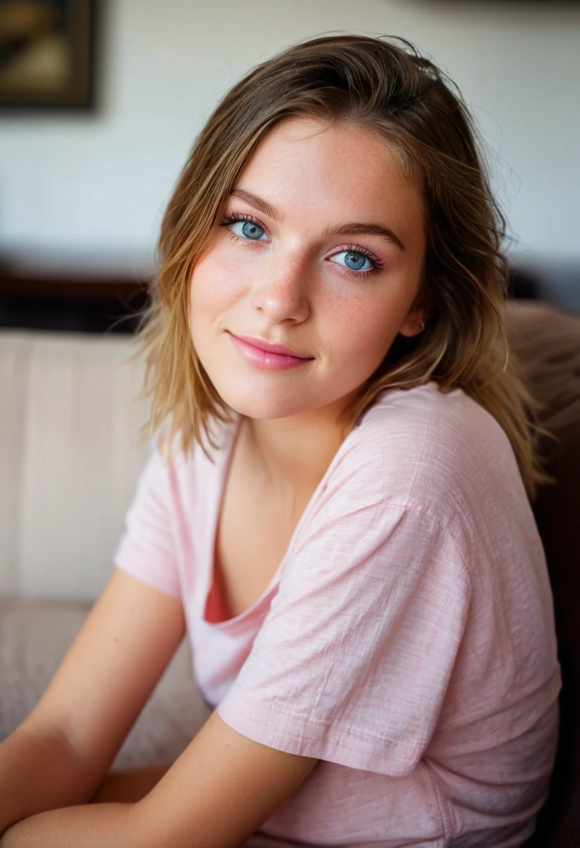 core_9, score_8_up, score_7_up, score_6_up, beautiful girl, cute face, shy, kinky smile, extreme ultra detailed perfect eyes, light colorful eyes, 16yo,pink check,freckles,big breast,loose-fitting short sleeves, sitting in a couch, (head tilted) ,eyes contact, lot of desire for the viewer, side portrait, face focus, pov, indoor, inside home, in living room, RAW photo,realistic,volumetric lighting, depth of field, cinematic,