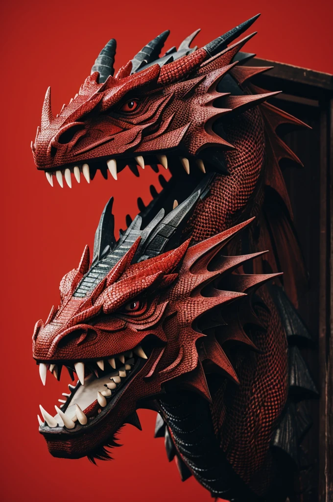 The face of a red and black dragon