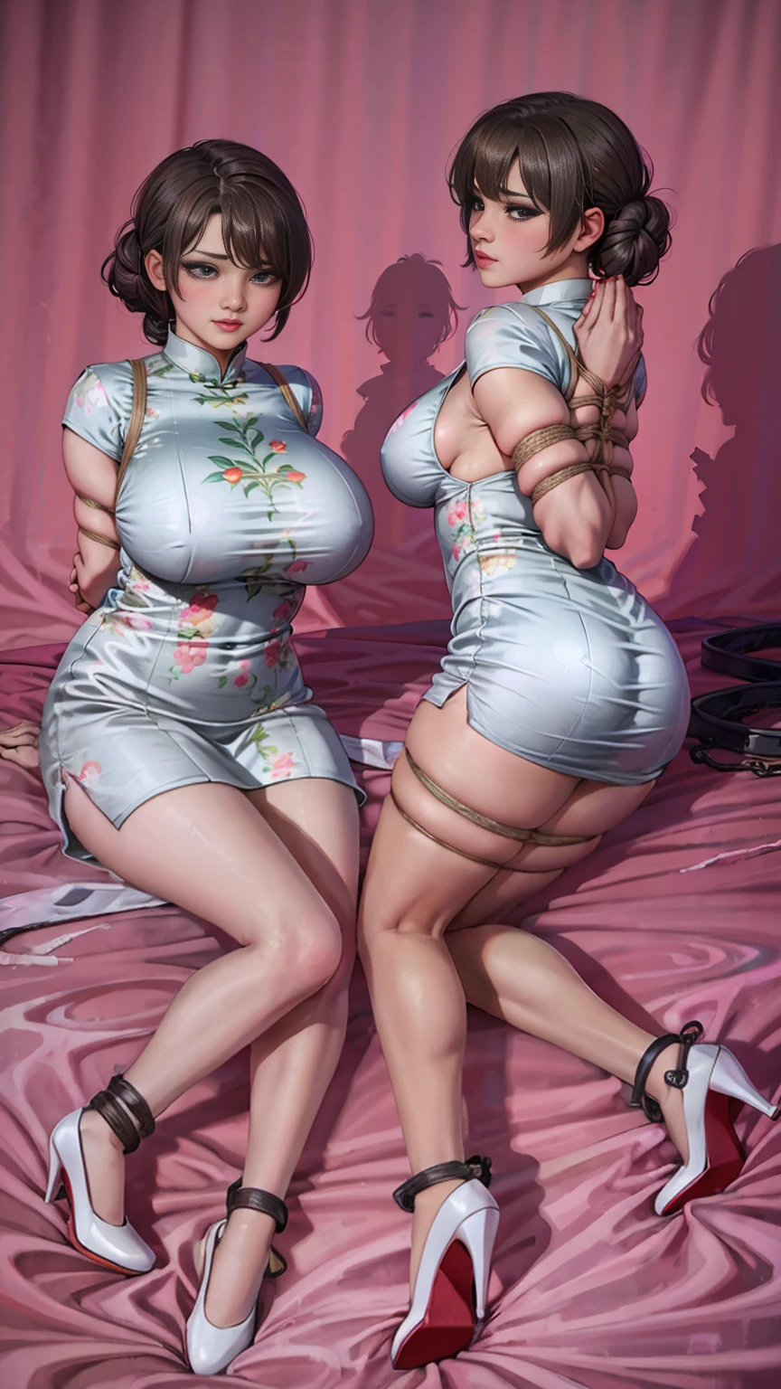 bedroom,big bed,There are paintings on the walls,curtain,((full body)),((2 girls abed)),((side by side)),(1 girl Lie back),((the other girl Lie prostrate)),bun,Shy smile,The hemp rope is wrapped around the neck and tightened,Short cheongsam,((huge :1.2)),arms were tied behind the back with hemp rope,Cross hands behind back,Wrists tied together with hemp rope,Thin waist,
