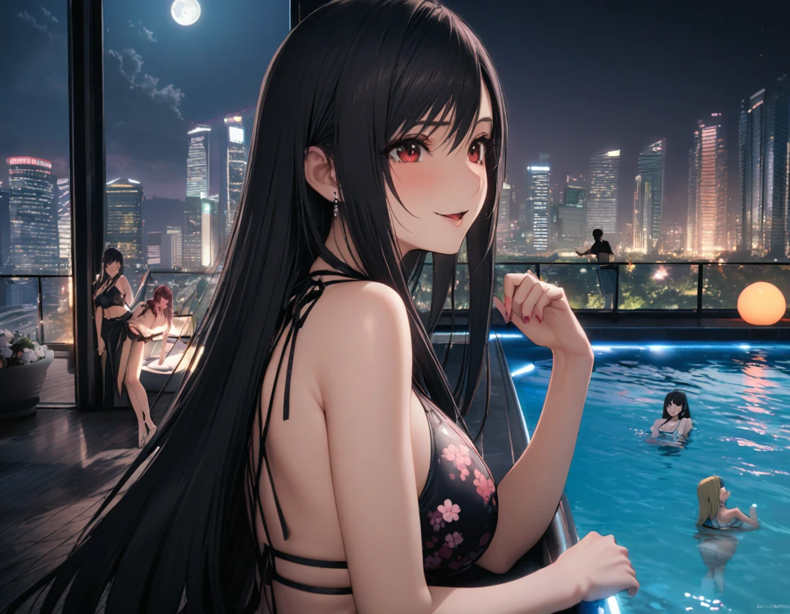 Highest quality, Super quality, 16K, Incredibly absurd, Very detailed, delicate and dynamic, SFW, Natural light, Fine particles reflect rainbow colors, Diffuse reflection of light, Vortex of Light, Many cherry blossom petals fall, roof top pool, Marina Bay Sands Singapore, night, moon, 水面にmoonが映る, night景, Create amazing image effects, pool side bar, pool party, (, cute sexy girl, big busts, Sensual expression, peacefulness, Elegant, Charm, lure, Pool party with multiple female friends, pool side bar, cactail, シンガポールのnight景, black long hair, Chic swimwear, Tifa Lockhart Final Fantasy VII)