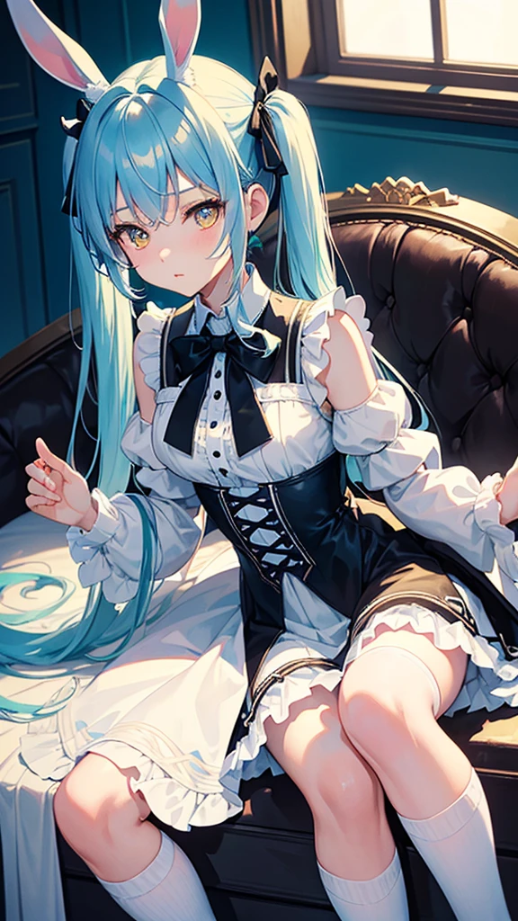 ((highest quality)), ((masterpiece)), (detailed), Perfect Face,Perfect legs,A young girl sitting in a room in a Western-style mansion, with perfect light blue hair, light blue bunny ears, yellow eyes, black ribbon, and twin tails, leaning forward, wearing white knee-high socks, in a Gothic Lolita outfit 苦しそう