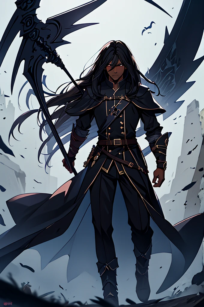 Mature man, long black hair, dark skinned, elf, battle mage outfit, black scythe