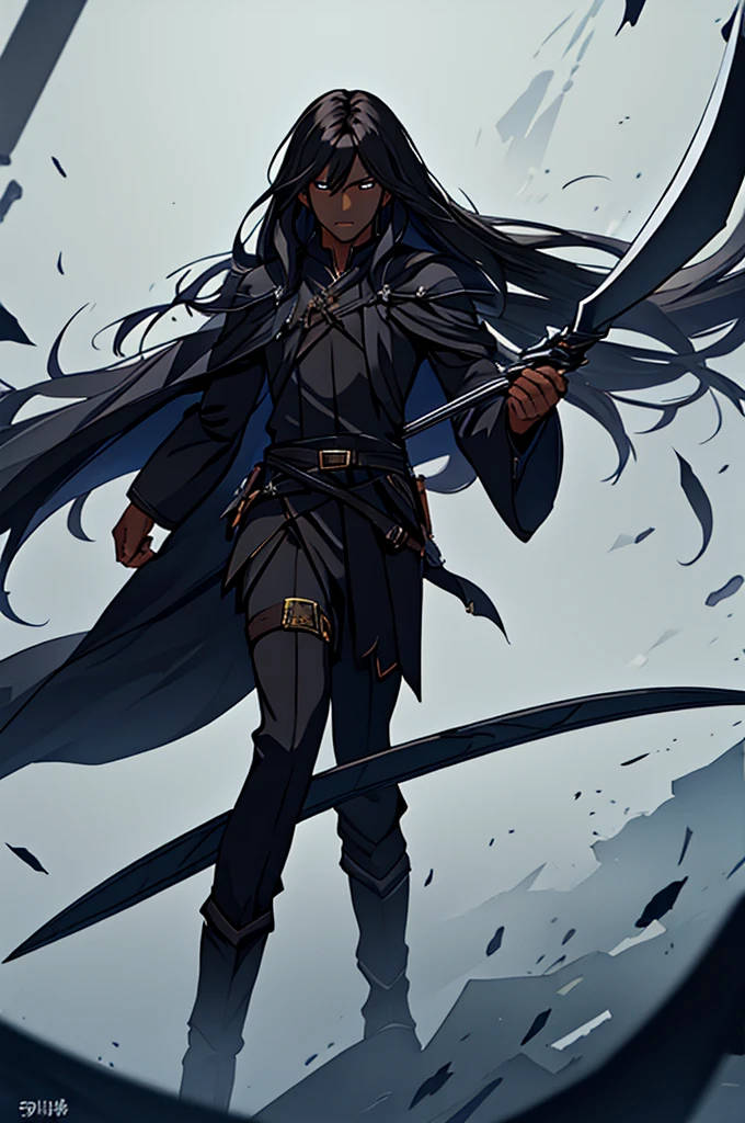 Mature man, long black hair, dark skinned, elf, battle mage outfit, black scythe